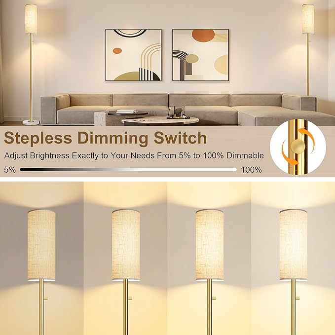 Gold Floor Lamp,Modern Floor Lamps for Bedroom,Standing Lamp with Marble Base,LED Bulb Included,Tall Dimmable Floor Lamp for Living Room,Bedroom,Office,Reading and Nursery