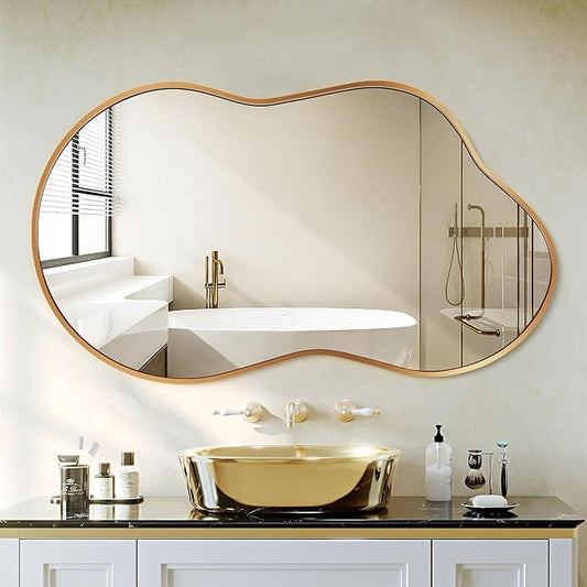 Irregular Wall Mirror - Wall Mirrors Decorative 20"x36" Gold Asymmetrical Mirror Tempered Glass Aviation Aluminum Alloy Frame for Bathroom, Bedroom, Living Room, Cloakroom, Entryway