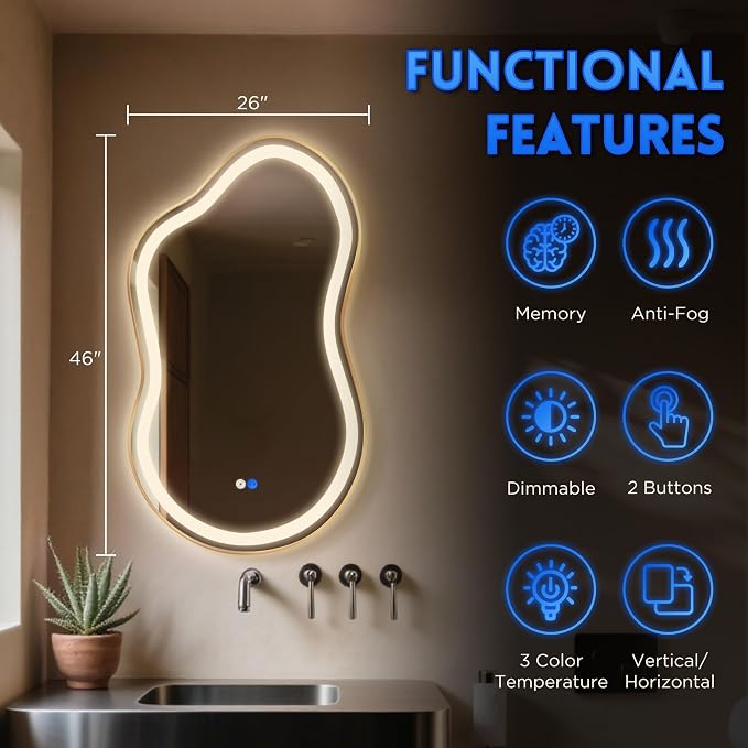 Irregular Led Backlit Bathroom Mirror -26"x46" Single Piece, Asymmetrical Cloud Lighted Vanity Mirror with Lights for Wall, Anit-Fog, Dimmable, Memory (Vertical/Horizontal)