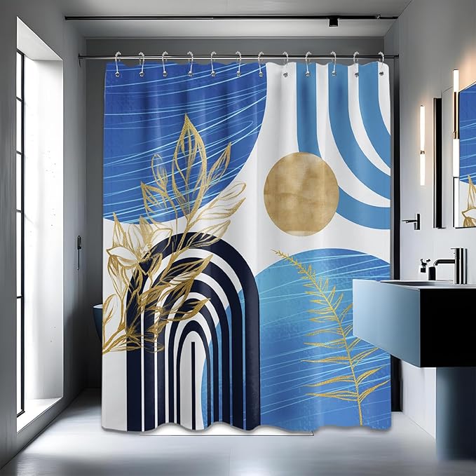 Light Blue and Black Shower Curtain Boho Mid Century Sky Blue and White Shower Curtains for Bathroom Decor, Waterproof Cloth Fabric with Hooks, 70" W x 72" L