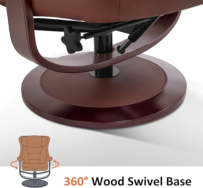 MCombo Oversized Swivel Recliner Chair with Ottoman, Adjustable Backrest, 360° Wood Base, High Seat, Faux Leather Lounge Chair for Tall Users in Living Room Office 4651 (Brown)