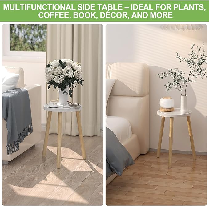 Wood Plant Stands Indoor, 16.7" Tall Plant Stand Outdoor Mid-Century Plant Stool, Single Plant Table Modern Small Round Side/End Table for Living Room, Balcony, Office(White)