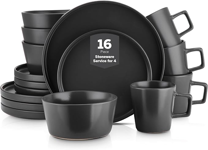Stone Lain Celina Stoneware 16 Piece Modern Dinnerware Set, Plates and Bowls, Black Matte, Service for 4, Microwave & Dishwasher Safe