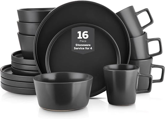 Stone Lain Celina Stoneware 16 Piece Modern Dinnerware Set, Plates and Bowls, Black Matte, Service for 4, Microwave & Dishwasher Safe