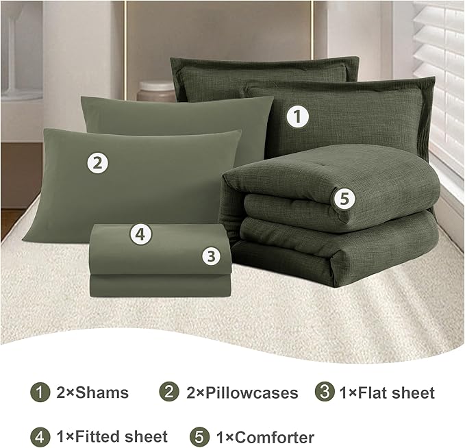 Geniospin Dark Olive Green Full Comforter Set - 7 Pieces Comforter Full Size, Solid Bedding Set for All Season, Textured Bed in a Bag with Sheets