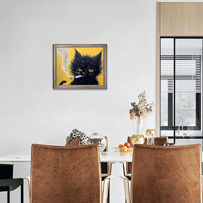 Vintage Framed Wall Decor Black Cat Painting Cat Portrait Wall Art Canvas Print Poster for Mens Room Bathroom Decor