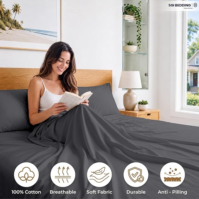 SGI bedding 100% Egyptian Cotton Sheets Twin XL Size – 600 Thread Count Sheets Set, Soft, Cooling, 15" Deep Pocket, Luxury Hotel Bedding, Breathable, Durable - Dark Gray