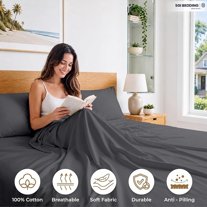 SGI bedding RV Short Queen Sheet Set 60x75, 600 TC Egyptian Cotton, 4 Piece Luxury Hotel Collection, Ultra Soft & Breathable, Fits RV Mattress Camper & Trailer, 15 Inch Pocket, Dark Gray