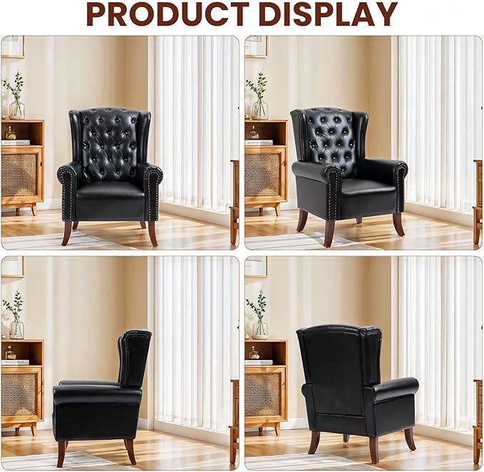 Faux Leather Accent Chair, Mid-Century High Back Armchair Upholstered Club Sofa Chair with Wooden Legs, Living Room Chair for Bedroom, Office, Lounge (Black)
