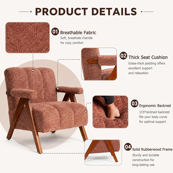 Mid Century Modern Accent Chair with Solid Oak Wood Frame, Upholstered Chenille Lounge Chair with Thick Cushion and Ergonomic Backrest for Living Room Bedroom Balcony, Rust Red