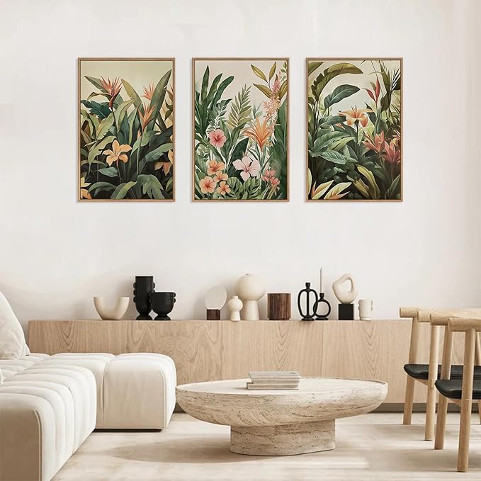 HLNIUC Boho Tropical Leaves Wall Art,Modern Abstract Floral Canvas Wall Decor Set of 3(16”x24”) Green Plant Banana Leaf Painting,Tropical Botanical Jungle Art Print for Living Room,Bedroom,Office
