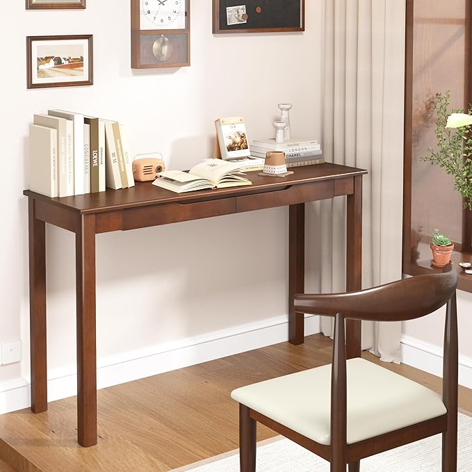 Solid Wood Desk with Drawers - 47 x 16 Inch Vintage Narrow Desks, Mid Century Modern Desks, Rubber Wood Study Table, Small Writing Desk for Bedroom|Small Spaces - Walnut Color