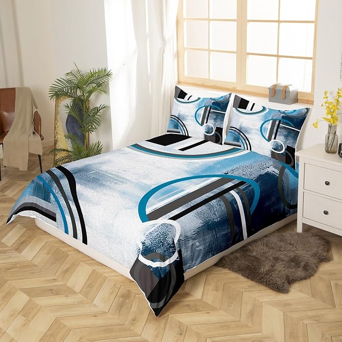 Oil Painting Geometric Comforter Cover Twin,Blue White Black Gray Duvet Cover,Grunge Ombre Bedding Set,Abstract Circles Stripes Quilt Cover,Modern Texture Bedspread Cover with Zipper& Ties