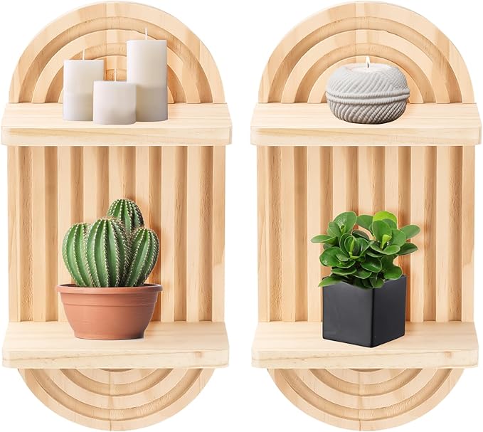 2 Pcs Wooden Rainbow Wall Shelves, Boho Floating Shelves Arch Boho Mcm Modern Wall Shelf Mid Century Wood Floating Shelf Decor for Bathroom, Bedroom, Kitchen (Wood-2tier)