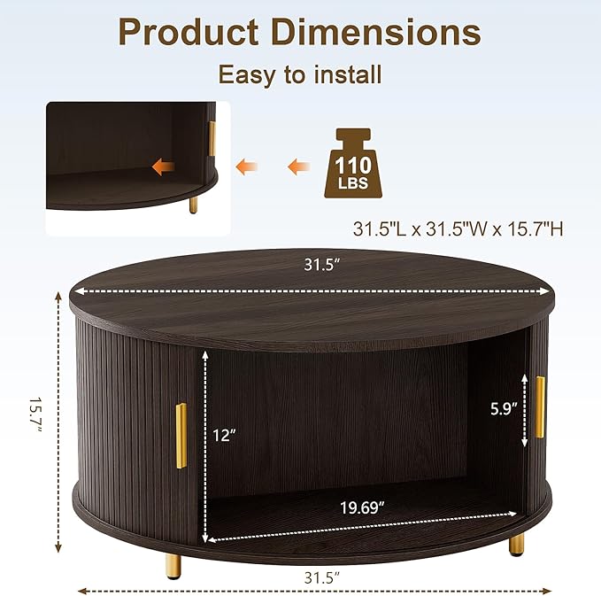 DHH Round Coffee Table, 31.5" Mid Century Modern Coffee Table with 360° Sliding Tambour Door, Fluted Accent Coffee Table with Storage Adjustable Footpads for Living Room (Coffee)