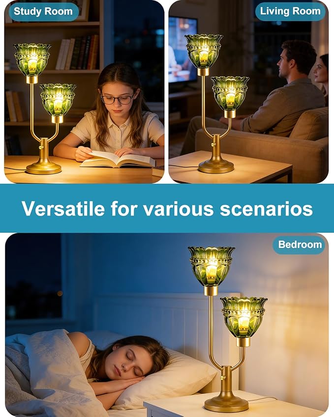 Lightdot Vintage Green Glass Table Lamp for Bedroom Dimmable Mid Century Modern Gold Desk Lamp Nightstand Lamp 2 Bulbs Included Warmwhite Ambient Bedside Lamps for Living Room Home Office Decor Gift