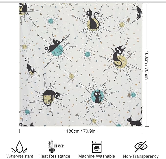 Vintage Mid Century Cats Shower Curtain Black Cat Retro Diamond Atomic 1950s 1960s Abstract Geometric Simple Waterproof Shower Curtains for Bathroom Decor 12 Pack Hooks 72x72in (183x183cm)