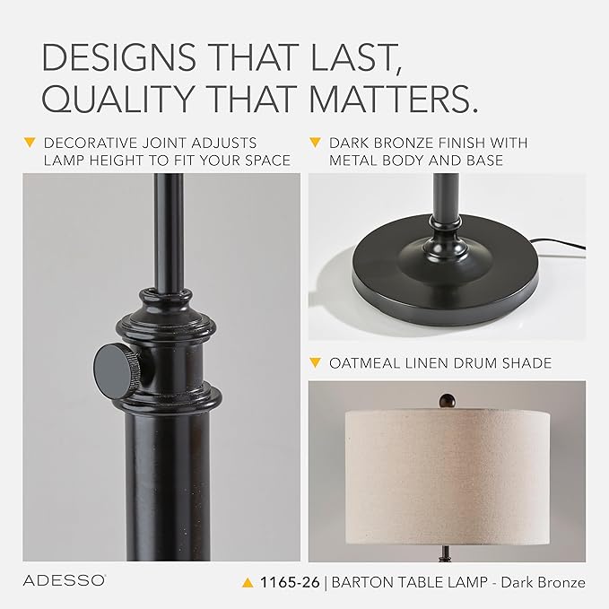 Adesso Antique Bronze Table Lamp with Oatmeal Linen Shade – Adjustable Height Accent Light for Bedroom, Living Room, or Home Office, up to 34” Tall
