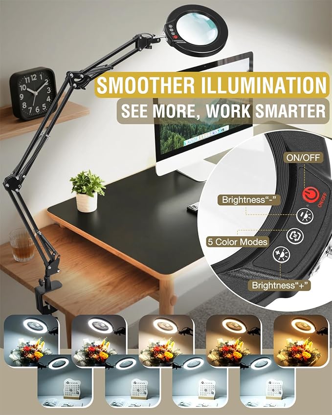 10X Magnifying Glass with Light and Clamp, Ultra Long 3 Section Swing Arm LED Desk Lamp, Real Glass Lens, 5 Color Modes Dimmable, Hands Free Lighted Magnifier with Stand for Repair Craft Close Work