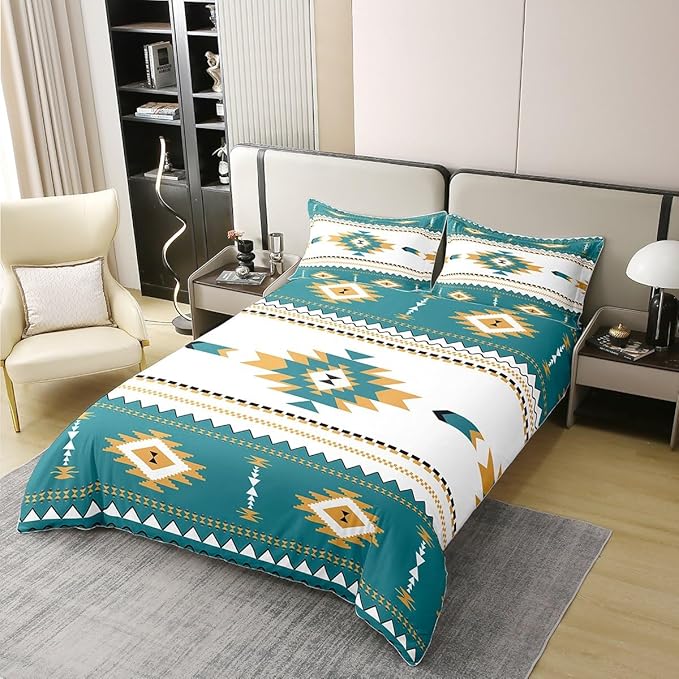 100% Cotton Boho Lattice Duvet Cover Queen, Aztec Bedding Set, Bohemian Navajo Ethnic Retro Yellow Striped Exotic Western Tribal Comforter Cover Teal Medallion Egyptian Bedroom Decor Quilt Cover
