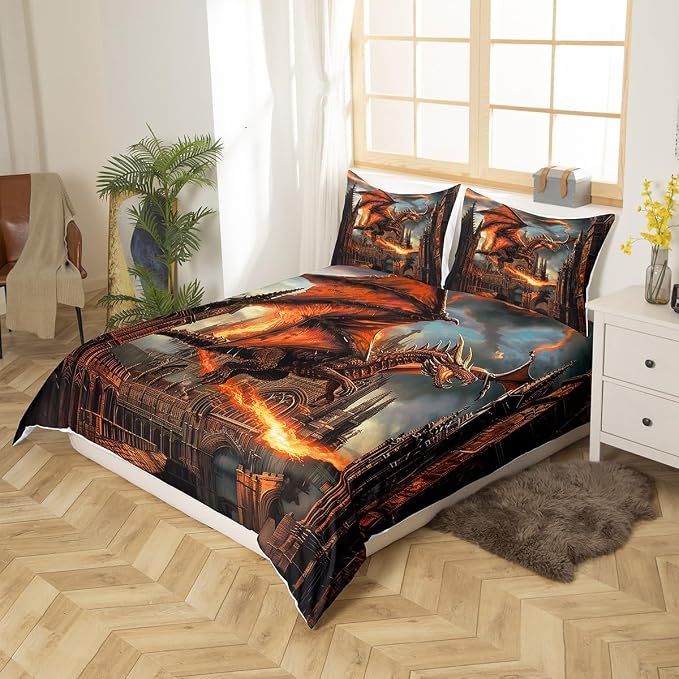 3D Western Dragon Duvet Cover Set Queen Size,Fire Modern Castle Fashion Retro Bedding Set,Boys Men Room Decor,Wildlife Ancient Animal Comforter Cover,Grey Quilt Cover,2 Pillowcases(No Filler)