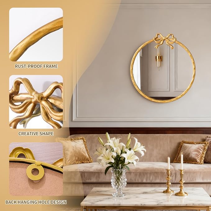 24 Inch Vintage Gold Round Wall Mirror, Antique Ornate Metal Circle Mirror with Baroque Bow Decor for Bathroom Vanity, Bedroom, Living Room, Hallway (Gold, 24" Lx24 W)