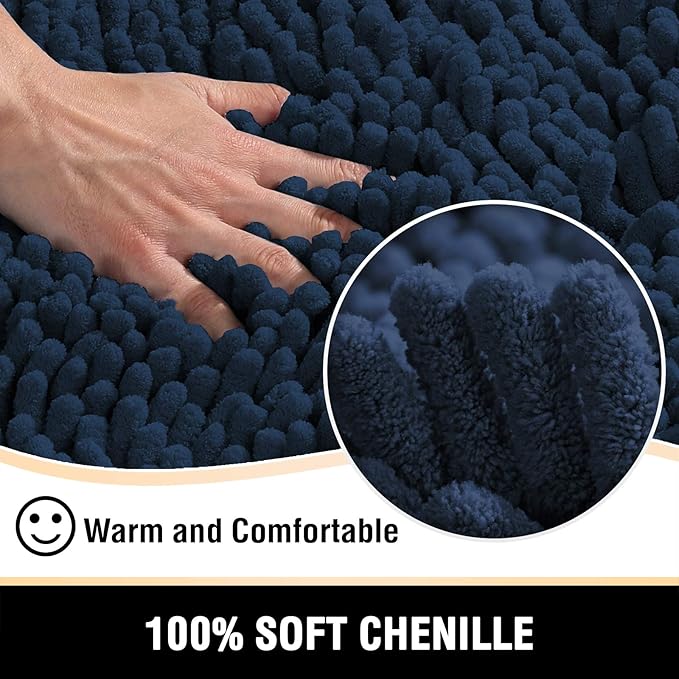 H.VERSAILTEX Bath Mat Non Slip Luxury Chenille Bathroom Runner Rug 47x17 Extra Soft Absorbent Shaggy Rug Washable Dry Fast Area Carpet Mat - Navy