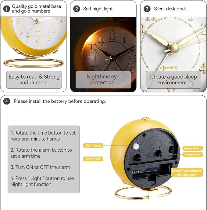 rjuwurv Metal Desk Alarm Clock, Retro Bedroom Table Vintage Analog Silent Non-Ticking Gold Alarm Clock, Bedside Decor(Mango Yellow)