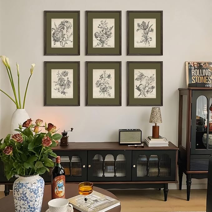 Vintage Floral Wall Art Sketch Flower Prints Antique Botanical Canvas Wall Art Decor Vintage Etchings Floral Poster Green Botanical Painting Sage Green Artwork for Bedroom 8x10x6 Inch Wood Framed