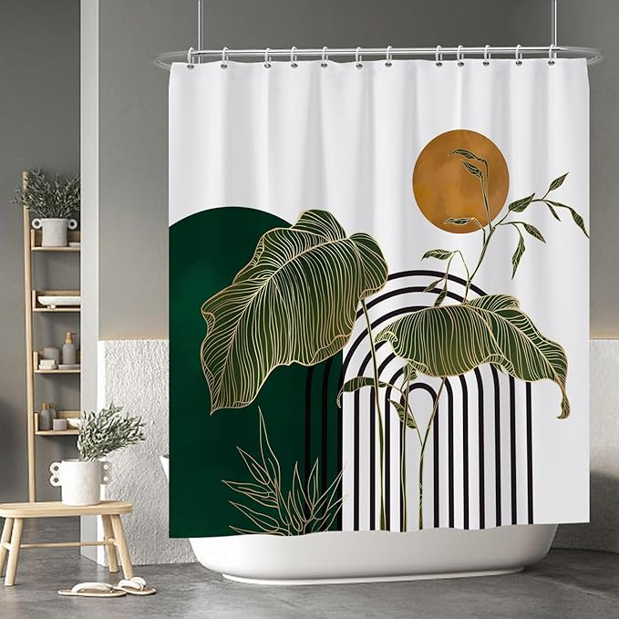 Baocicco Boho Shower Curtain Green Gold Leaves Plants Sun Modern Abstract Geometric Shower Curtains Decorative for Bathroom Waterproof Fabric Shower Curtain with Hooks 72x78 Inches