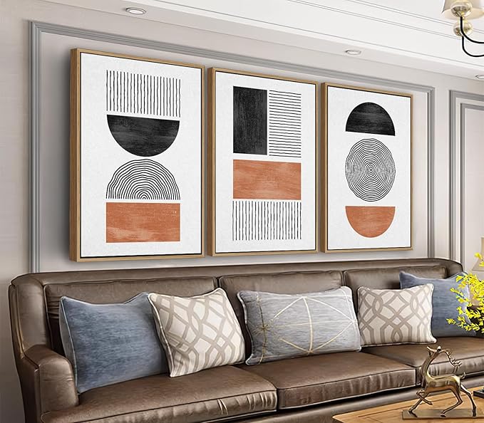 Framed Wall Art Canvas Set Mid Century Boho Pictures Modern Geometric Wall Decor Minimalist Black Brown Bohemian Abstract Painting Artwork for Living Room Bedroom Office 20"x28"x3 Natural