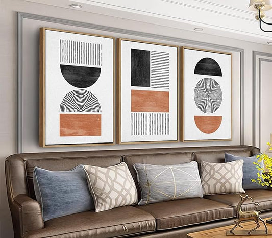 Framed Wall Art Canvas Set Mid Century Boho Pictures Modern Geometric Wall Decor Minimalist Black Brown Bohemian Abstract Painting Artwork for Living Room Bedroom Office 16"x24"x3 Natural