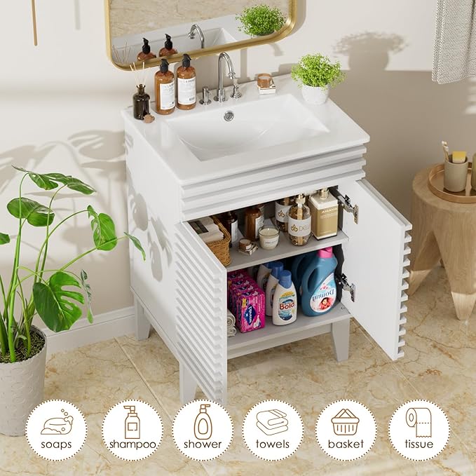 ROOMTEC 24" Bathroom Vanity with Sink, Mid-Century Freestanding Bathroom Vanity Sink with Storage, Undermount Ceramic Sink, Particleboard Frame with Wood Grain Laminate, White
