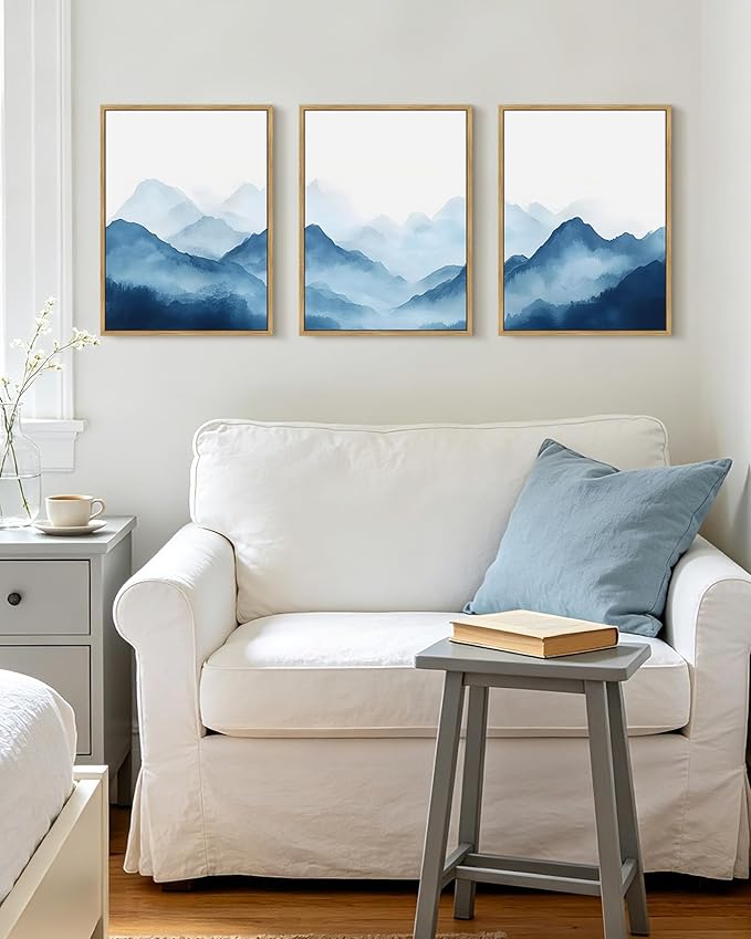 KUVIOKE Blue Watercolor Mountains in Fog Framed Wall Art Wilderness Nature Landscape Painting Rustic Scenic Relax Cool Room Decor for Bedroom Dining Room 12x16in (Natural Framed)