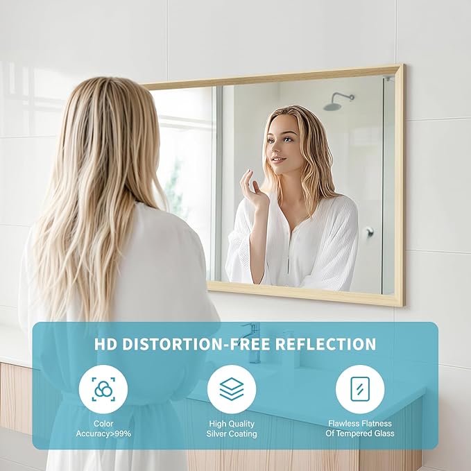 Oak Wood Effect Framed Wall Mirror, 24x36 Rectangle Mirror, 1/8" Anti-desilvering Tempered Glass, Sustainable& Sturdy Frame, Anti-Rust, HD Reflection &3min Fast Setup for Bathroom Living Room