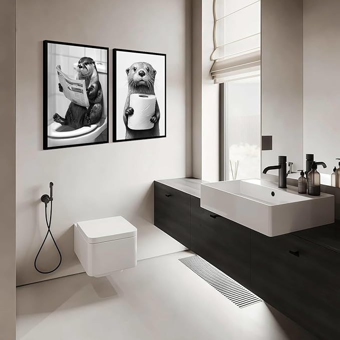 Framed Funny Bathroom Wall Art Otter Canvas Prints Black and White Animal Posters Cute Toilet Humor Pictures Gallery Style Wall Decor Home Guest Bath 16x24 inch Ready to Hang