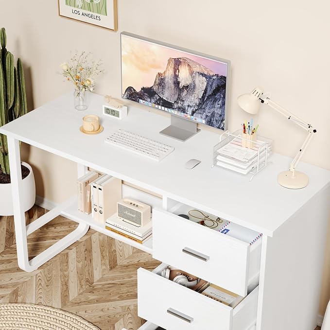 MaverickFurni White Desk with Drawers, 47 Inch Computer Desk with 3 Drawers for Bedroom, Study Desk with Drawers for Small Spaces, Bottom Shelves