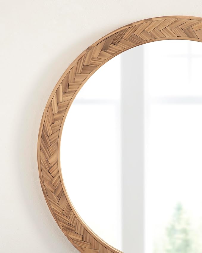 Kate and Laurel Braywood Modern Pieced Wood Round Mirror, 24 Inch Diameter, Rustic Brown, Decorative Circle Mirror for Use as Coastal Bathroom Mirror for Over Sink or Accent Bedroom Mirror