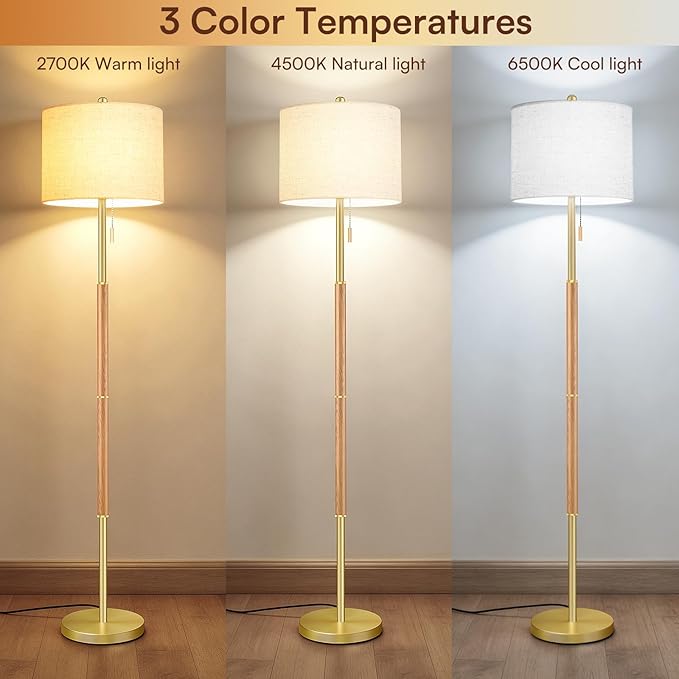 62" Mid Century Modern Floor Lamp, Natural Wood-Tone Standing Lamp with 3 Color Temperature & Pull Chain, Weighted Anti-Tip Base for Safety, Floor Lamps for Living Room Bedroom Corner (6500K Bulb)