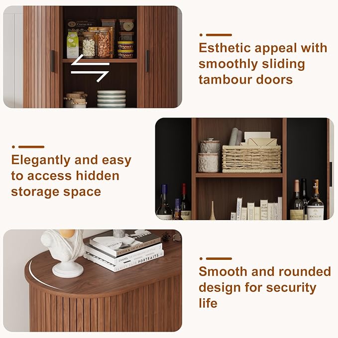31.5" Fluted Sideboard Buffet Cabinet with Tambour Storage Oval Curved Accent Console Table for Dining Room Kitchen Living Room (Walnut)