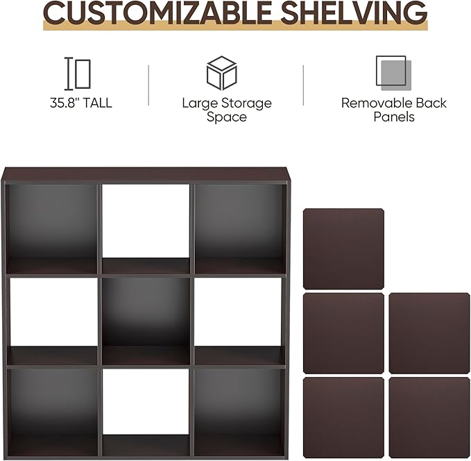 9 Cube Storage Organizer Wooden Display Storage Shelf W/5 Removable Back Panels&11 inch Opening Shelf, Customizable Cubby Bookcase Cabinet Bookshelves for Office, Living Room and Bedroom, Dark Brown
