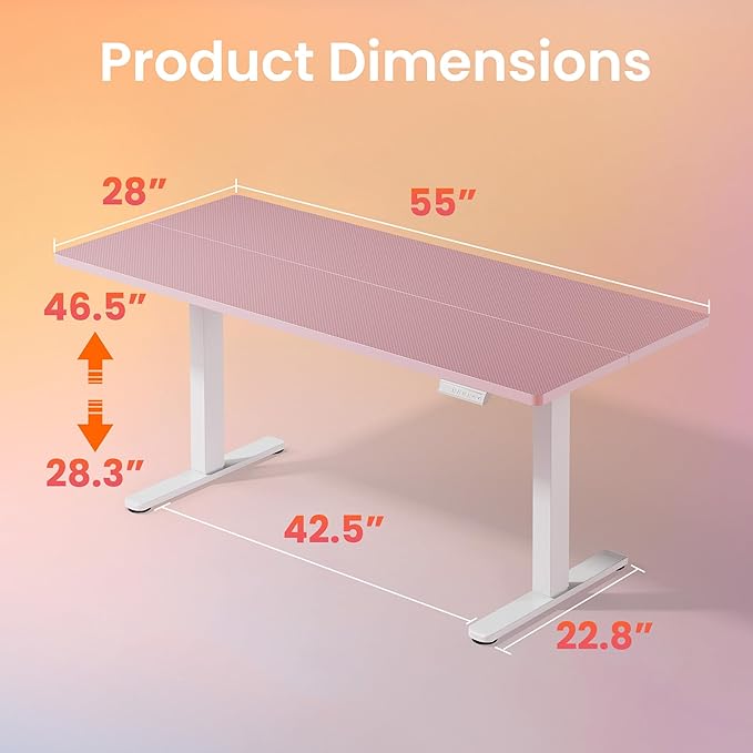 HUANUO Electric Standing Desk, 55" x 28" Height Adjustable Desk, 4 Memory Height Settings, Sit to Stand Up Desk for Home Office, with Headphone Hook, Cable Manager, Pink