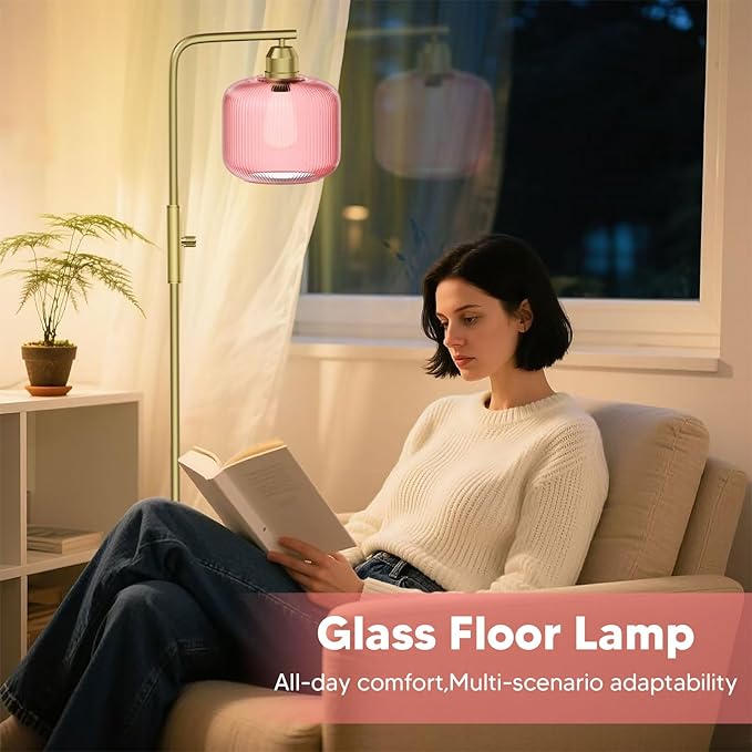 Glass Floor Lamp for Living Room, Modern Standing Lamp with Pink Ribbed Glass Lampshade&Brushed Gold, Stepless Dimmable and Rotary Switch, 66” Tall Lamp & Gold Floor Lamp for Bedroom Study Room, Pink