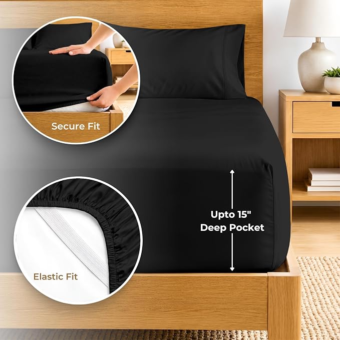 SGI bedding 100% Egyptian Cotton Sheets Full XL Size – 600 Thread Count Sheets Set, Soft, Cooling, 15" Deep Pocket, Luxury Hotel Bedding, Breathable, Durable - Black