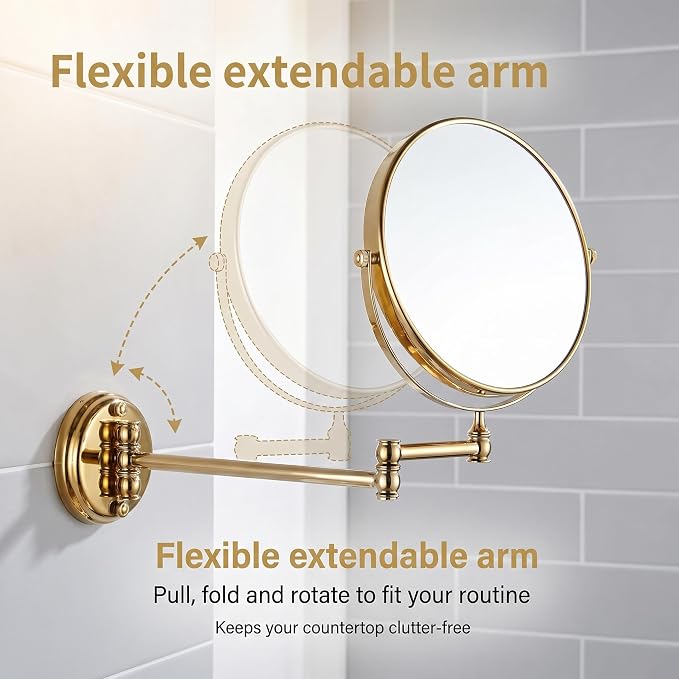 7Trees 8-Inch Retro Bathroom Folding Wall Mount Make-Up Mirror Flip Telescopic Beauty Mirror (Gold)