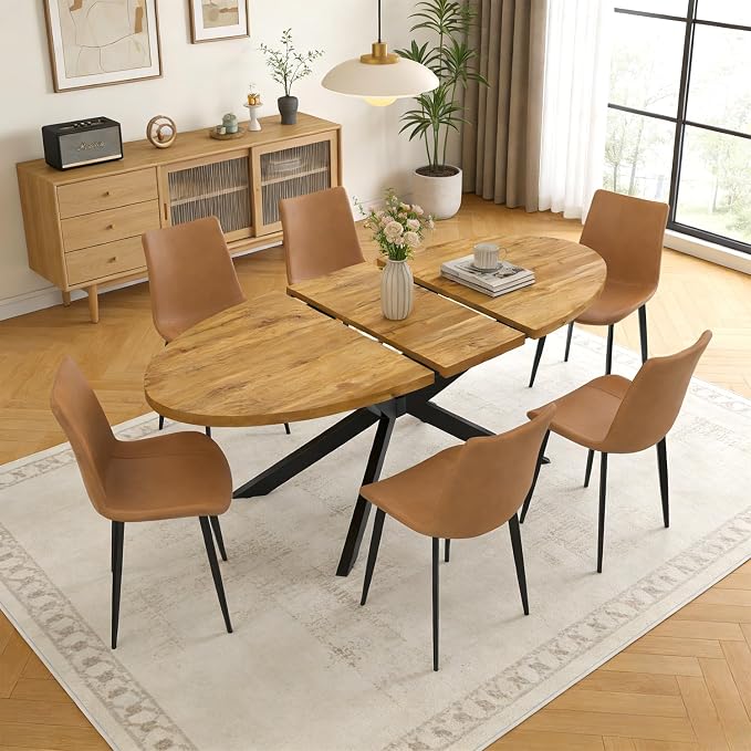 63"-78.7" Extendable Round Dining Table Set for 6, 7 Piece Mid Century Modern Oval Kitchen Table Set, Large Dining Table with 6 Chairs for Living Room Space Saving（Walnut Table+6 Brown Chairs)