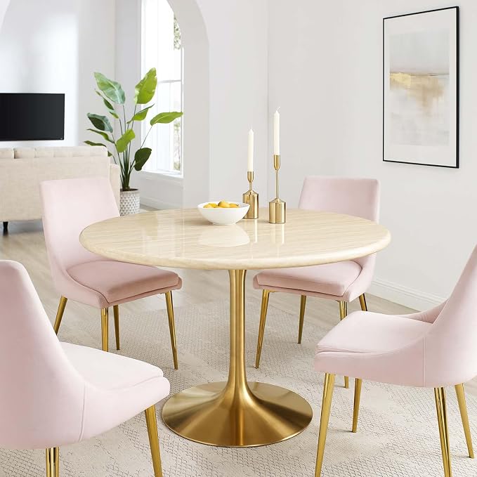 Modway Lippa 48" Round Artificial Dining Table with Tapered, Metal Base, Gold Travertine