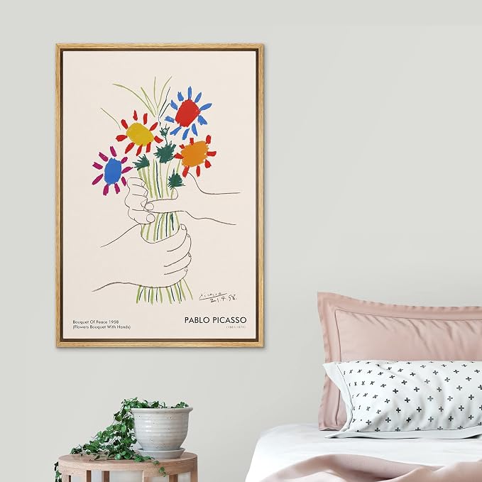 SIGNLEADER Framed Canvas Print Wall Art Pablo Picasso Flower Bouquet Peace Nature Wilderness Illustrations Fine Art Rustic Scenic Relax/Calm Colorful for Living Room, Bedroom, Office - 24"x36" NATURAL
