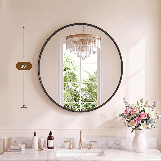 NEWBULIG 20-Inch Round Wall Mirror, Bathroom Wall Circle Mirror with Metal Frame, Bathroom Decor for Entryway, Living Room, Vanity, Black