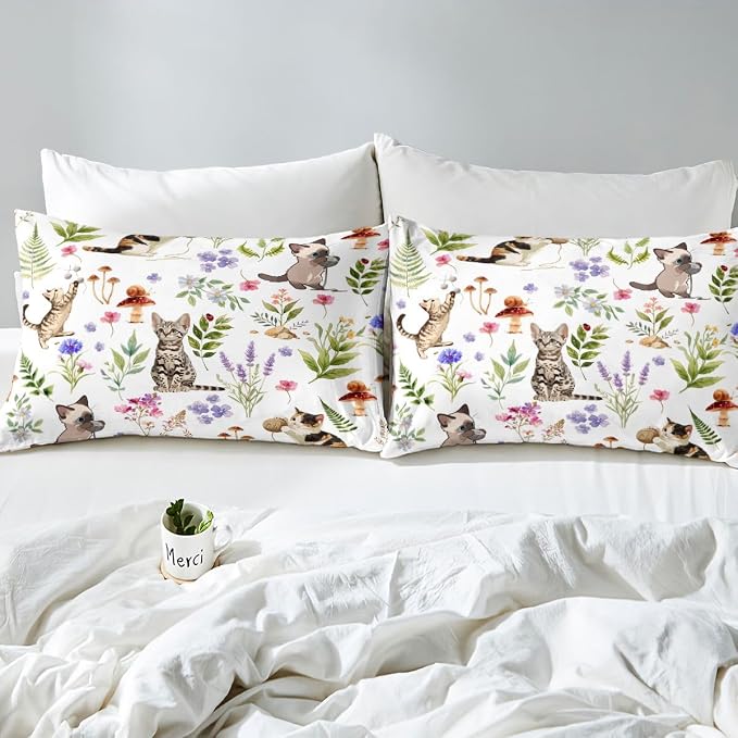 Erosebridal Cute Cat Bedding Set King Kitten Cat Lovers Duvet Cover Nature Watercolor Florals Comforter Cover for Kids Girls Boys Adults Pet Animals Bed Set